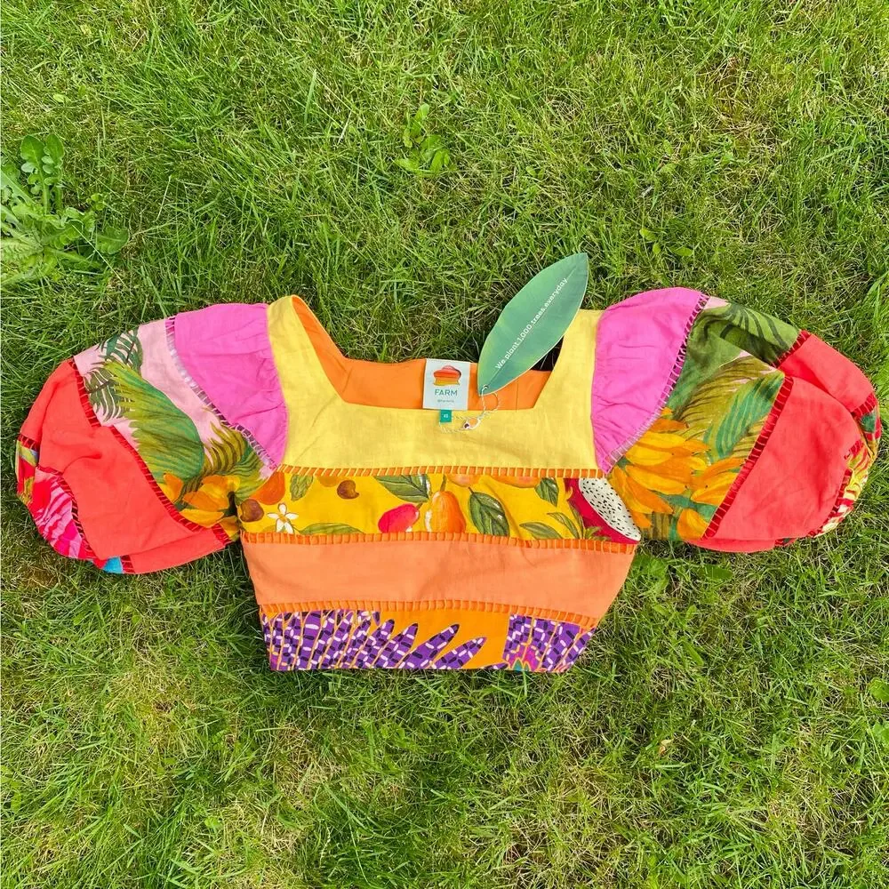 FARM Rio Rainbow Mixed Prints Tiered Linen Blend Crop Top Womens Size XS Orange - Picture 3 of 11